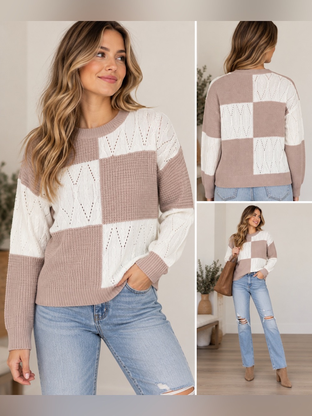 Hem & Thread Women’s Taupe Ivory Patchwork Knit Sweater Cable Knit Color Block